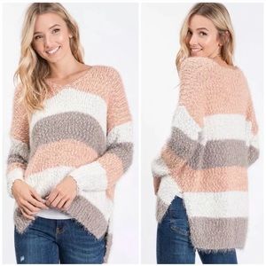 Blush Pink Striped Fuzzy Eyelash Popcorn Sweater